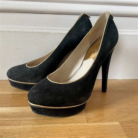 michael kors black suede pumps with gold trim|Michael Kors pumps.